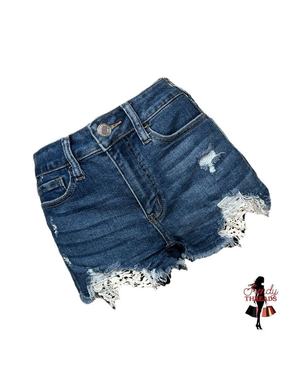 SO 1/25W Distressed Lace Accent Denim Shorts High Rise Shortie Blue Jean Cutoffs